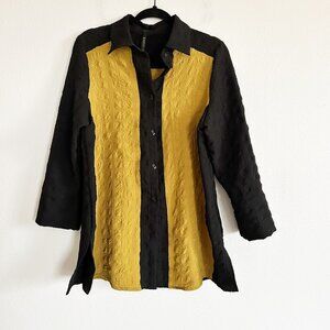 IC By Connie K Shirt Black Gold Crinkle Button Down Tunic Top 3/4 Sleeve